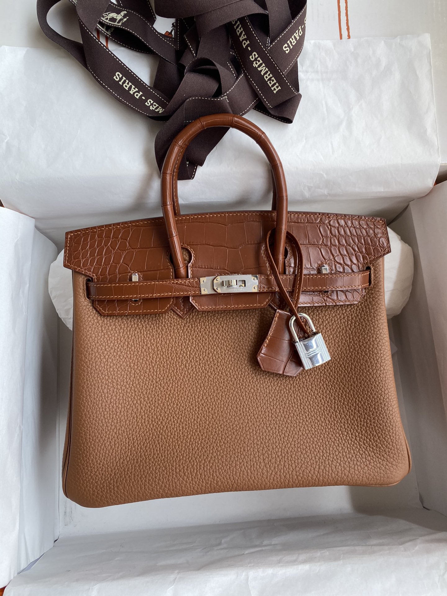 Hermes Touch Birkin 25CM Bag In Brown Togo and Matte Alligator Crocodile Leather